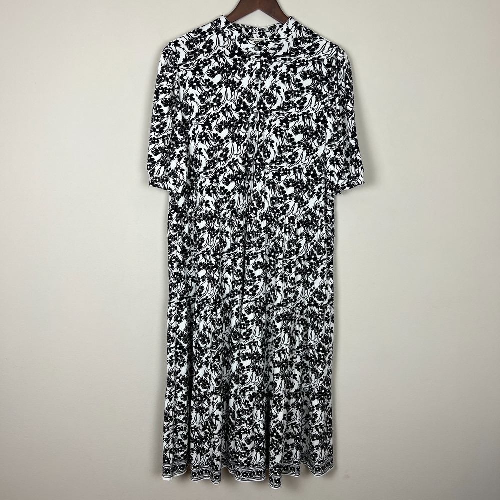 Max Studio Midi Dress Womens 1X‎ Black White Floral Jersey Tiered A-Line Plus